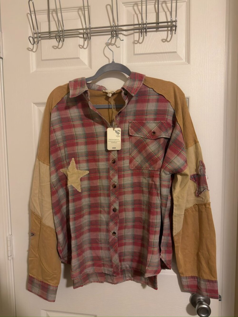 Sage & Fig Plaid Patchwork Star Button Down Shacket XL NWT